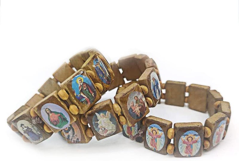 DATOA 4Pcs Wooden Jesus Virgin Mary Bracelet Saints Rosary Stretch Wooden Small Panel Bracelet Religious Saints Jesus Gift - Image 2